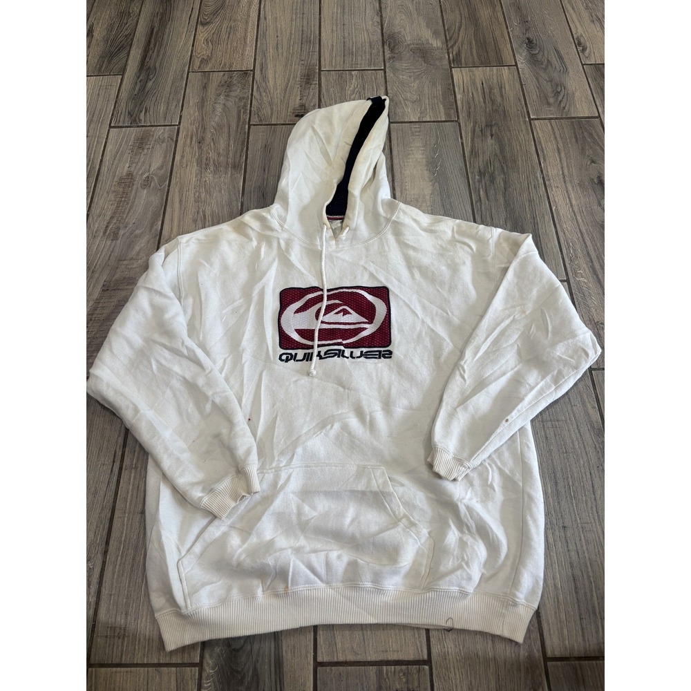 Quiksilver Men's White Pullover Hoodie Sweatshirt Embroidered Logo Pockets